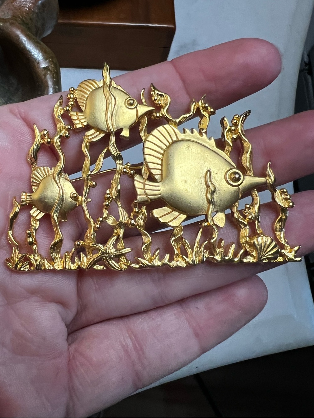 Vintage Signed JJ Gold-Toned Fish Reef Coral Underwater Brooch